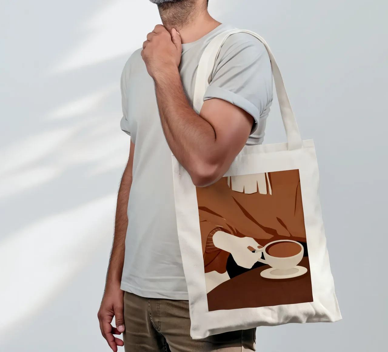 tazza da caffè piattino maglione a mano borsa in juta da Luke Yaeger
