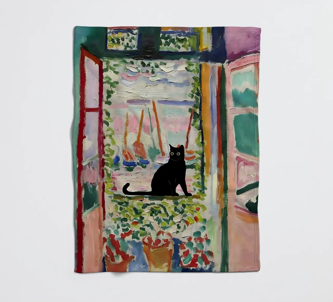 Cat Print Matisse Open Window Fleecedecke von MinaHome