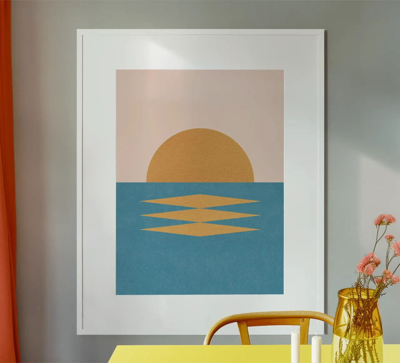 Sunrise Geometrico - Stile Midcentury poster con telaio in legno da MoonlightPrint