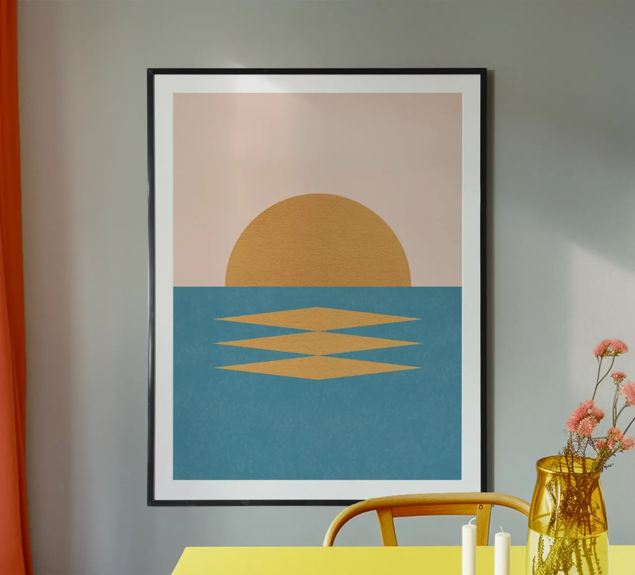 Sunrise Geometrico - Stile Midcentury poster con telaio in legno da MoonlightPrint