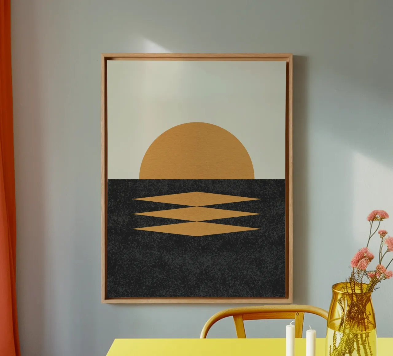Sunset Geometric - Estilo de mediados de siglo lienzo con Marco flotante de MoonlightPrint