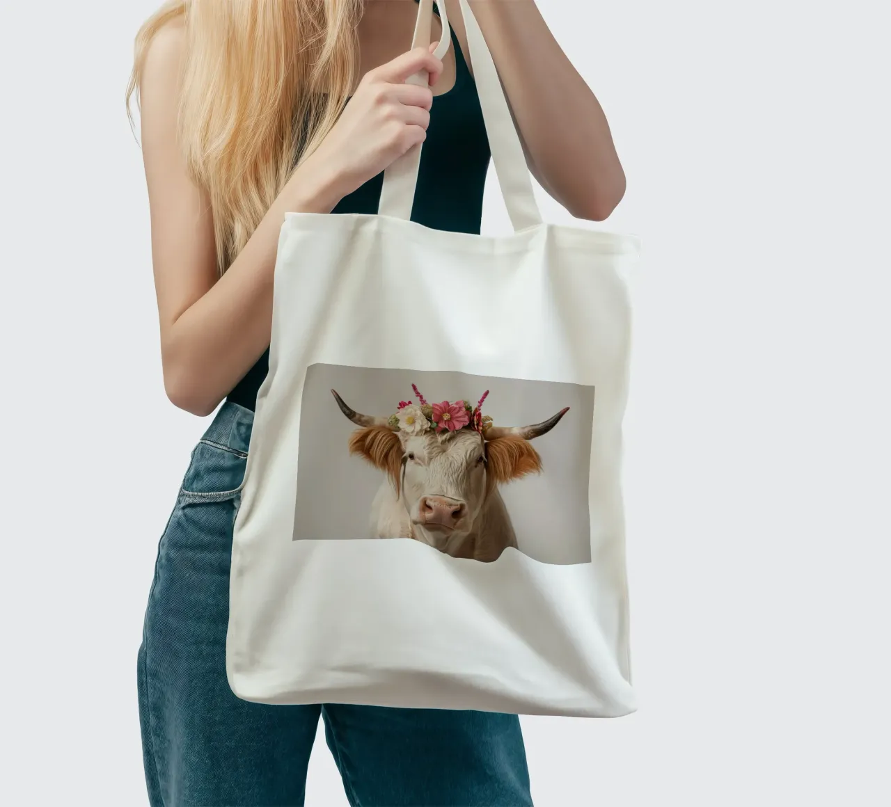 Mucca con fiori borsa in juta da Imagine