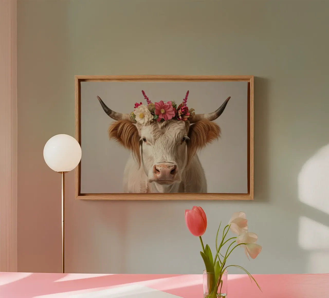Mucca con fiori tela con Cornice a cassetta da Imagine