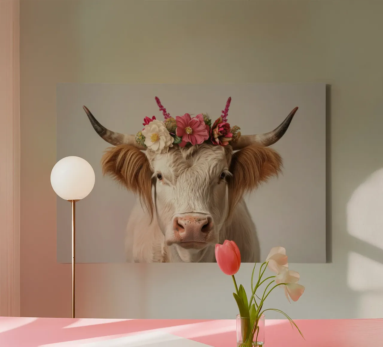 Mucca con fiori tela con Cornice a cassetta da Imagine