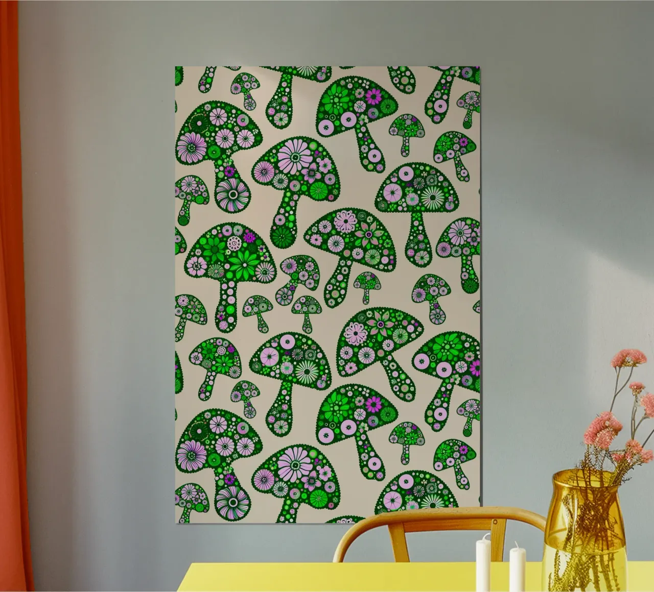 Funghi floreali verdi e rosa poster con telaio in plastica da SilverPegasus