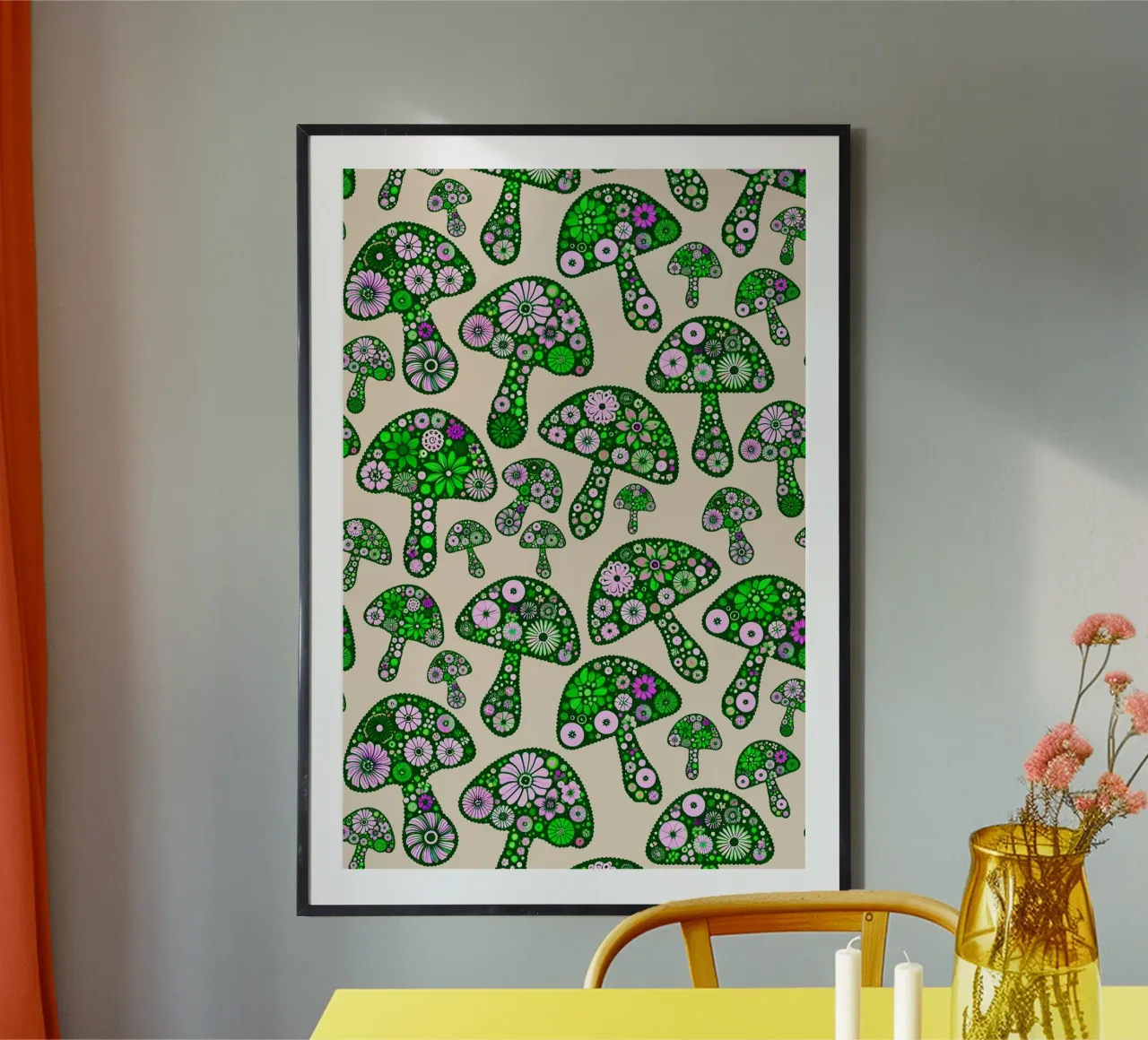 Funghi floreali verdi e rosa poster con telaio in plastica da SilverPegasus