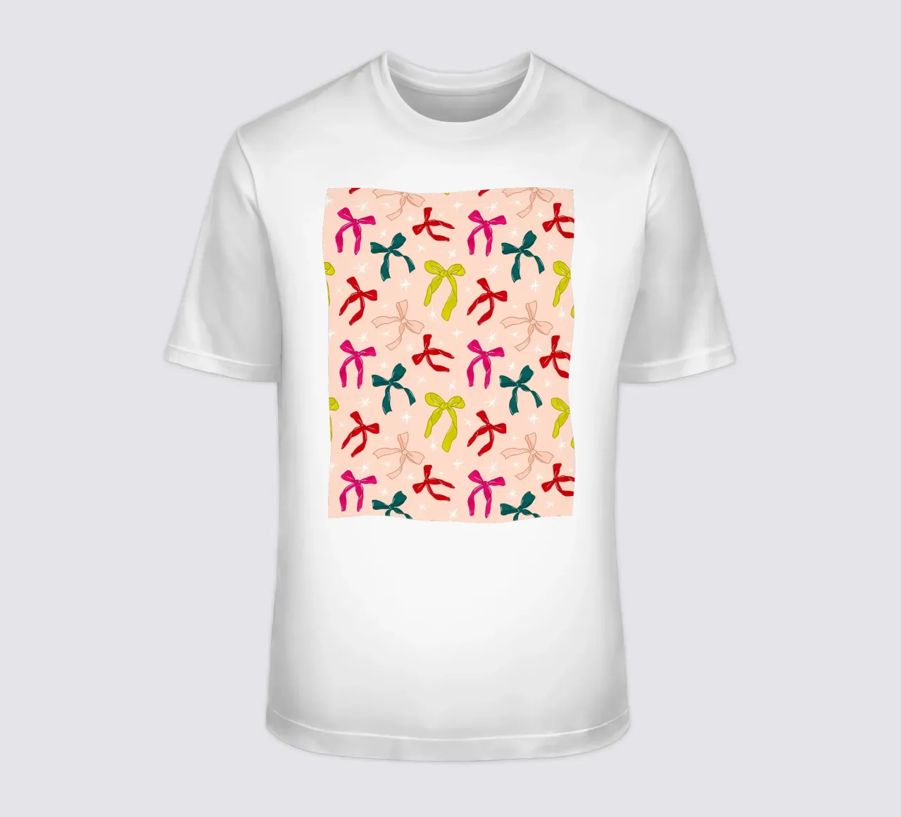 Colorful Bows Pattern on Soft Peach Background t-shirt da showmemars