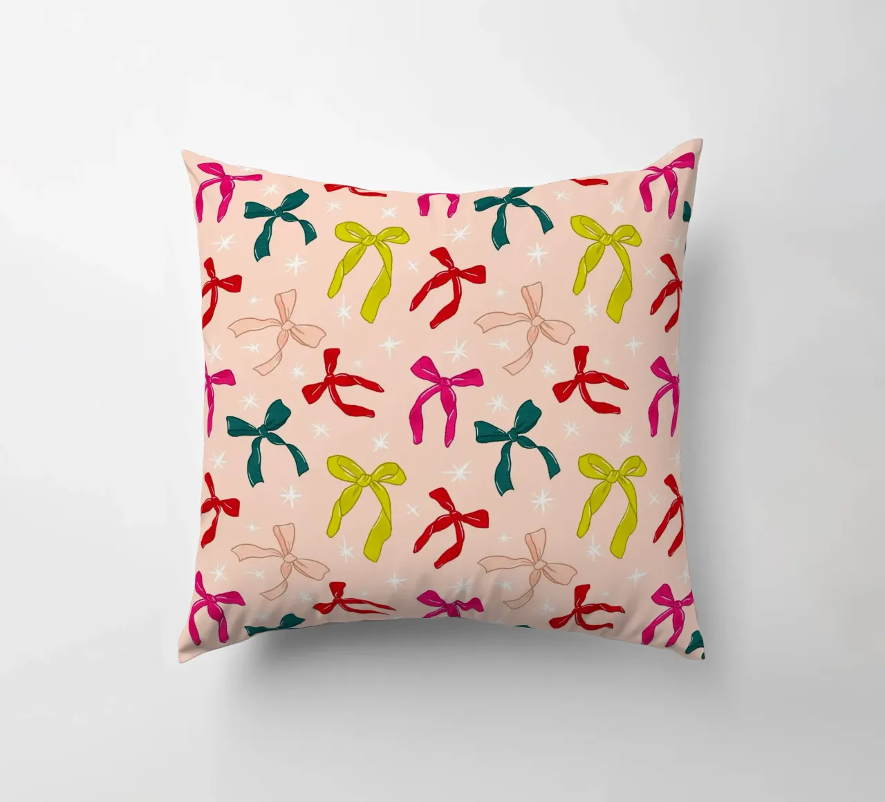 Colorful Bows Pattern on Soft Peach Background cuscino da showmemars