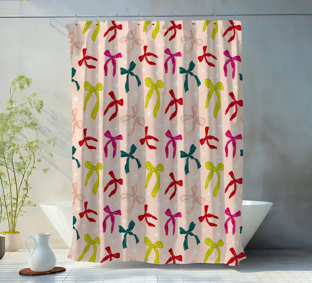 Colorful Bows Pattern on Soft Peach Background tenda da doccia da showmemars