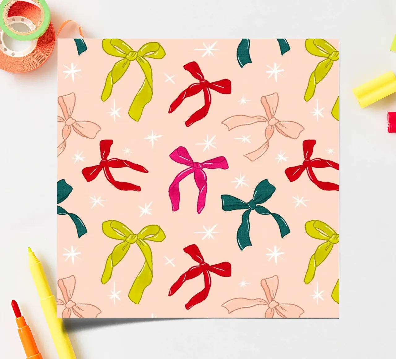 Colorful Bows Pattern on Soft Peach Background foglio adesivo da showmemars