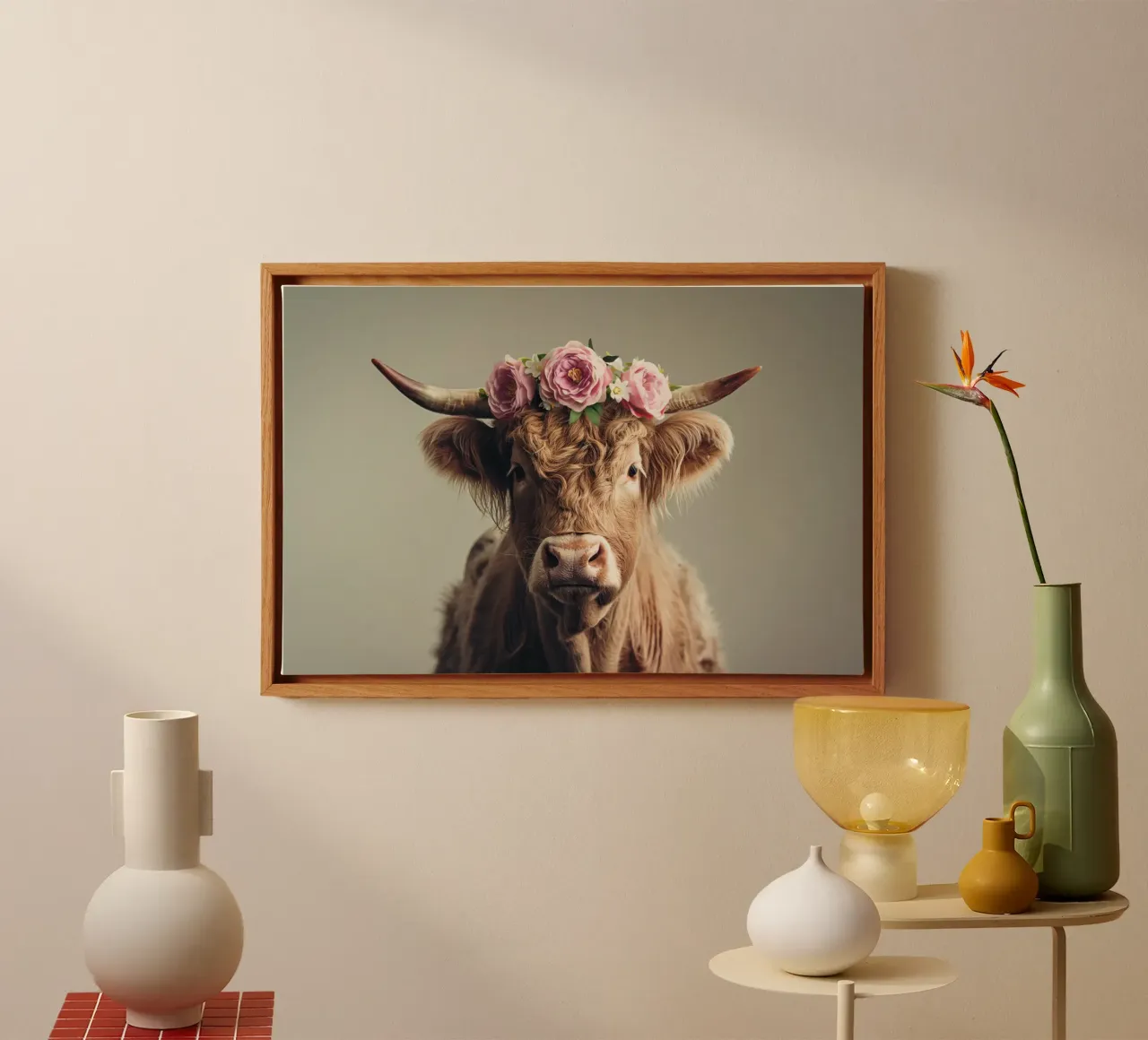 Mucca con fiori tela con Cornice a cassetta da Imagine