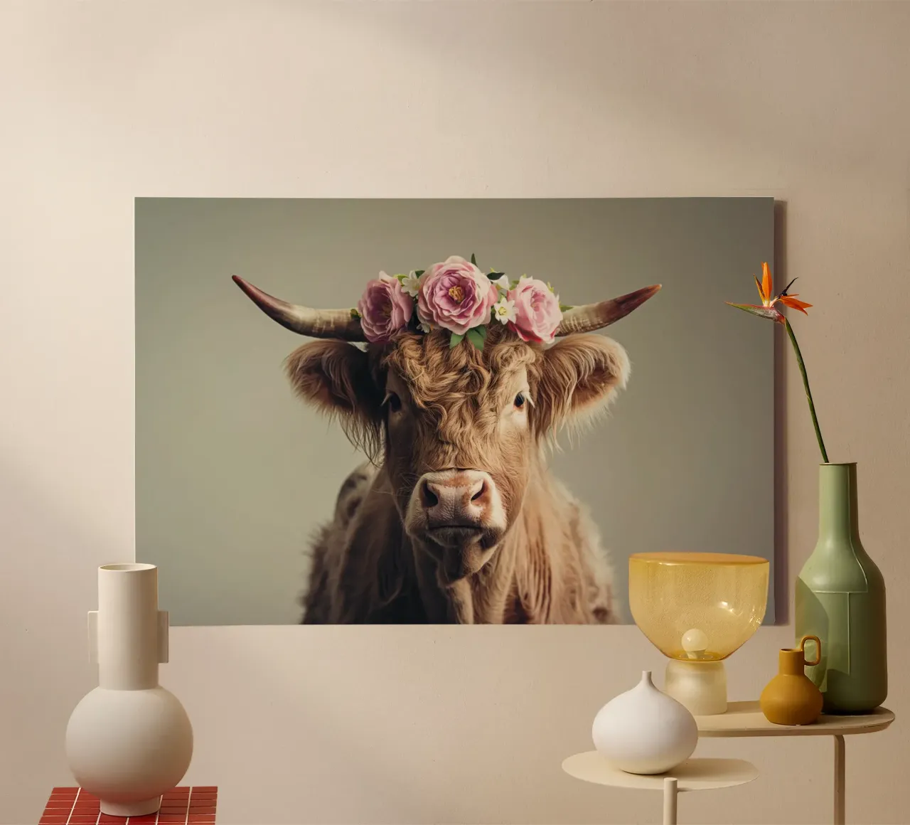 Mucca con fiori tela con Cornice a cassetta da Imagine