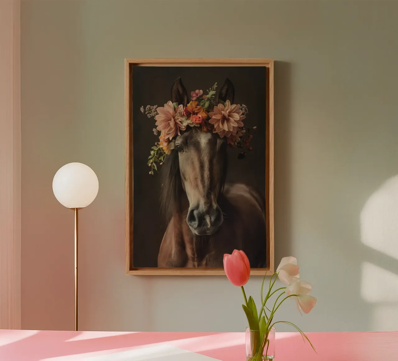 cavallo con fiori tela con Cornice a cassetta da Imagine
