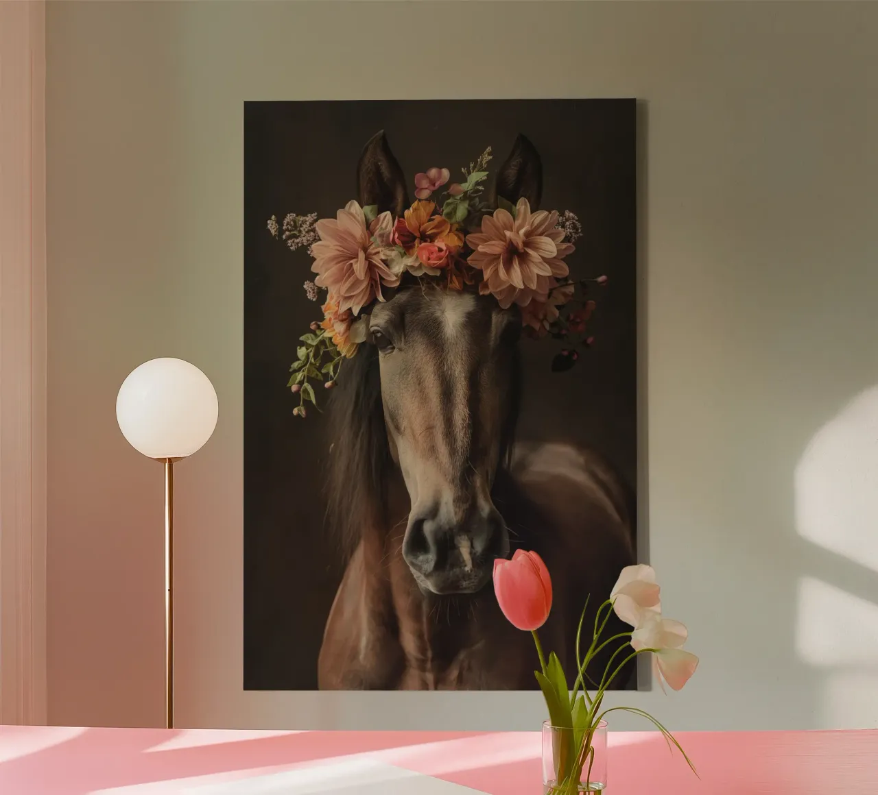 cavallo con fiori tela con Cornice a cassetta da Imagine