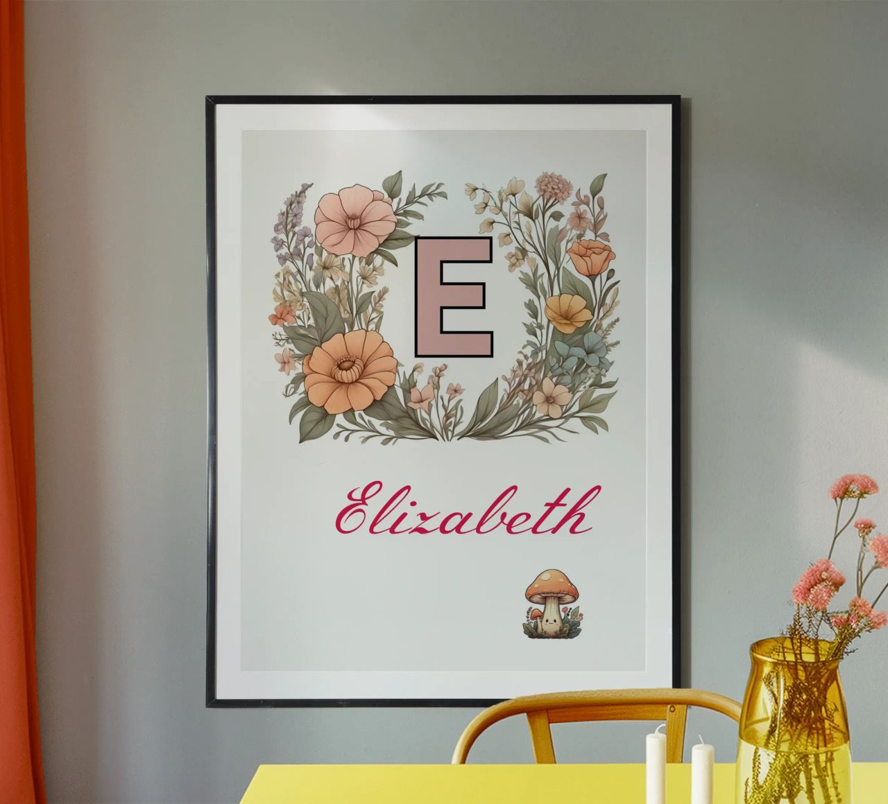 Initiale florale personnalisée Lettre E Nom de la fille fleurs sauvages poster avec cadre en aluminium de Cold Wild
