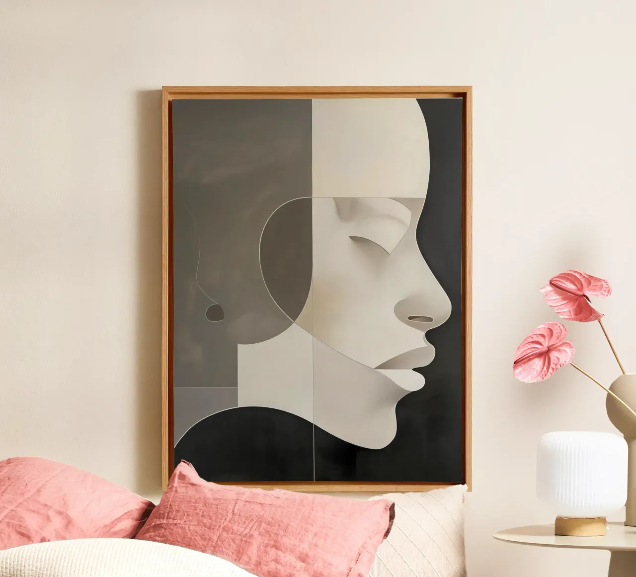Abstract gezicht canvas met Baklijst van Imagine
