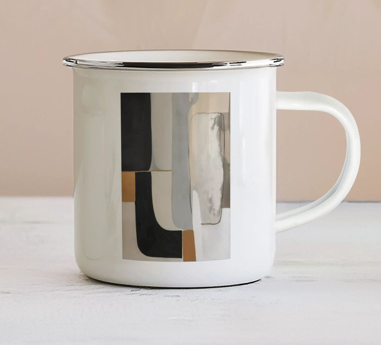 Abstracte vormen in crème en zwart en bruin emaille mok van Imagine