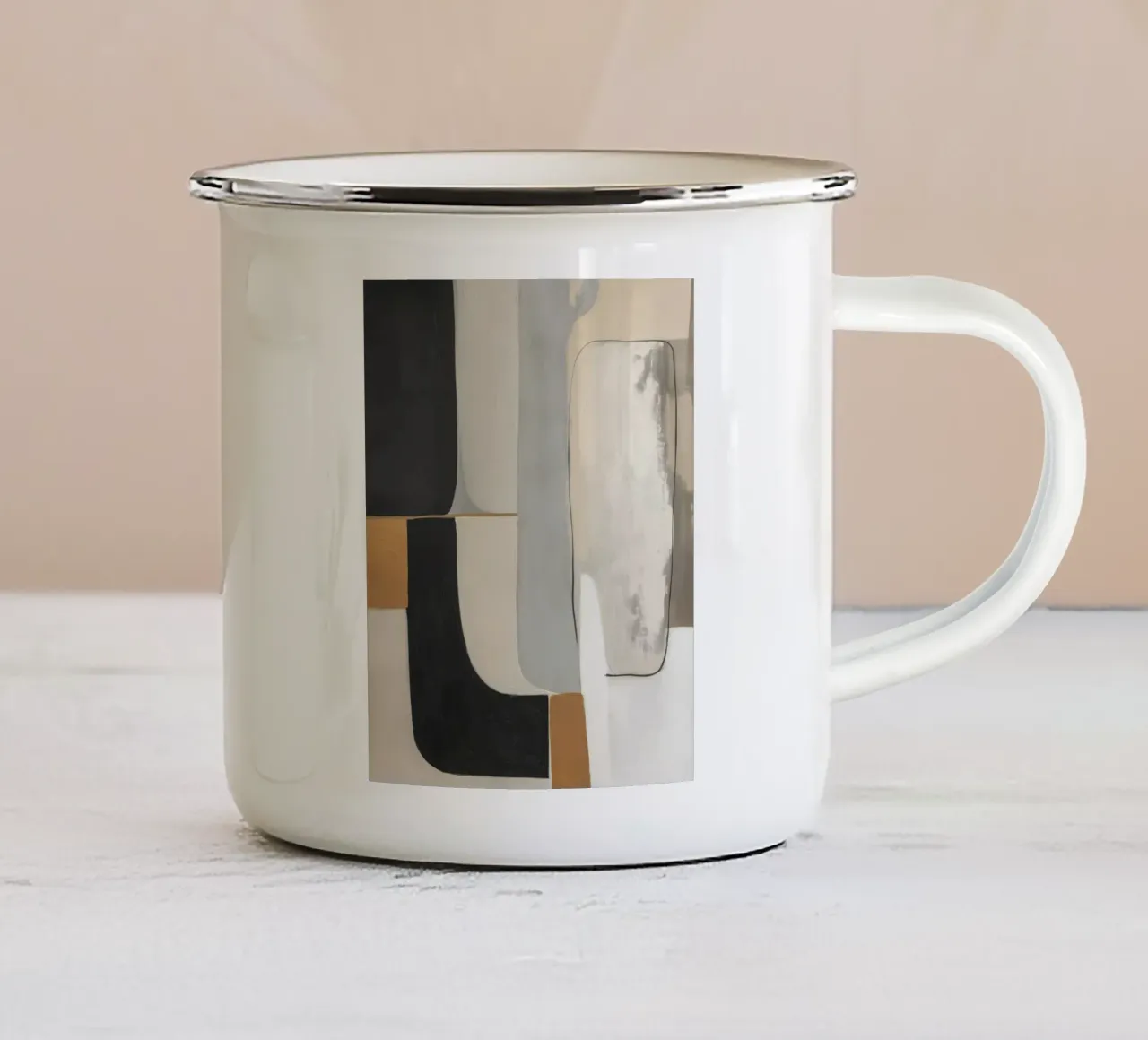 Abstrakte Formen in Creme und Schwarz und Braun Emaille Tasse von Imagine