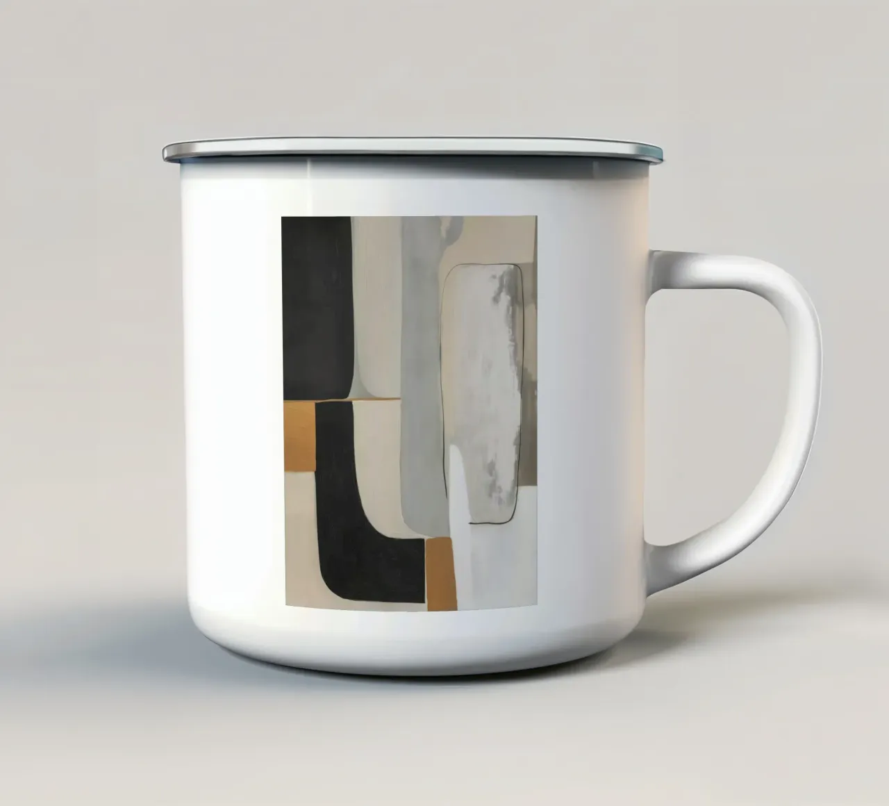 Abstrakte Formen in Creme und Schwarz und Braun Emaille Tasse von Imagine