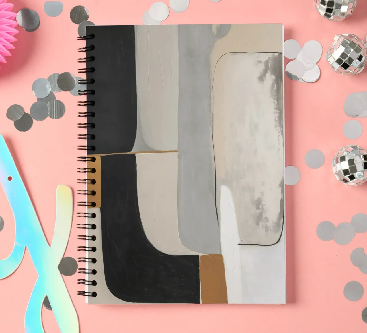 Abstract shapes in cream and black and brown spiral notebook by Imagine
