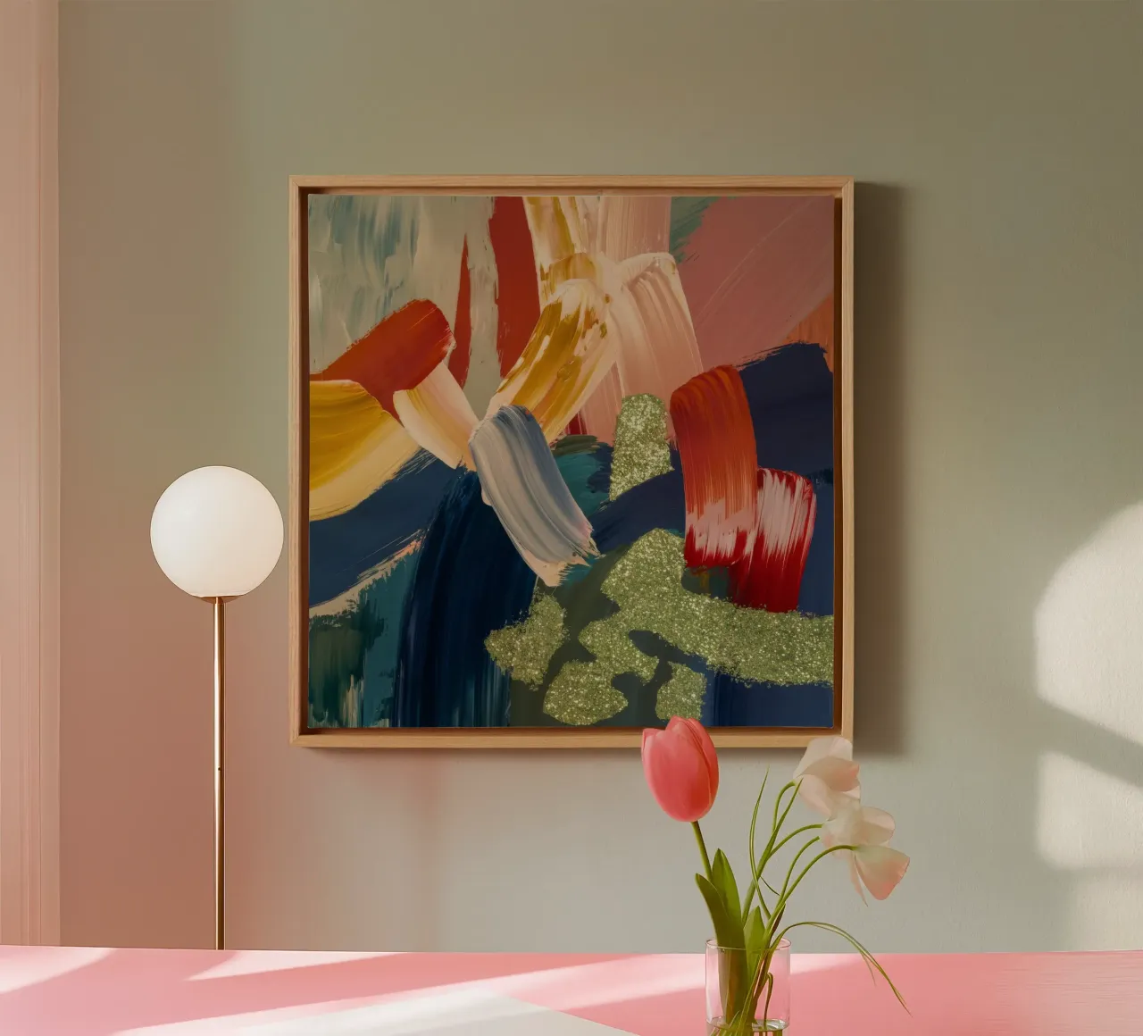 Vergulde karmozijnrode stroom canvas met Baklijst van Sublime Layers
