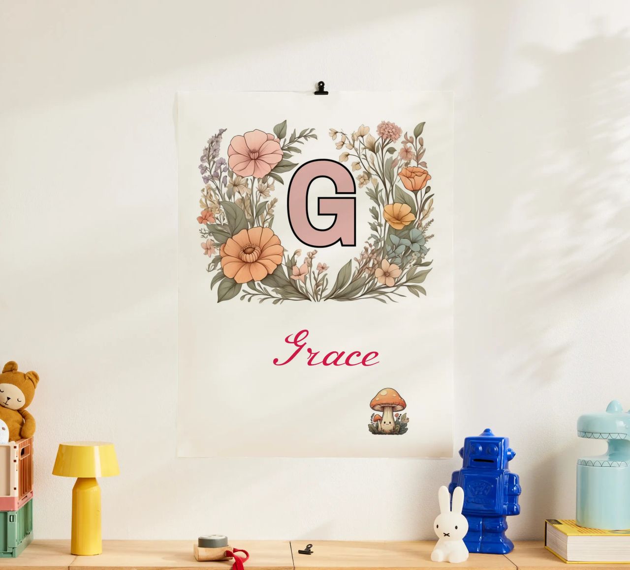 Personalized Floral initial Letter G Girl Name Wildflowers poster with aluminum frame by Cold Wild