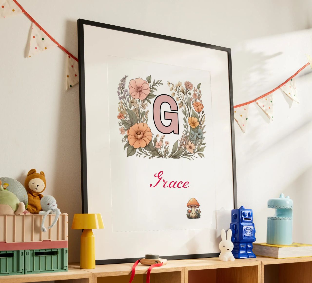 Personalized Floral initial Letter G Girl Name Wildflowers poster with aluminum frame by Cold Wild