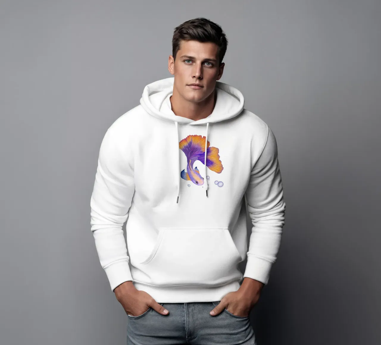 Pesce giapponese di colore viola e arancione. Pesce beta. felpa con cappuccio da CalliLetters