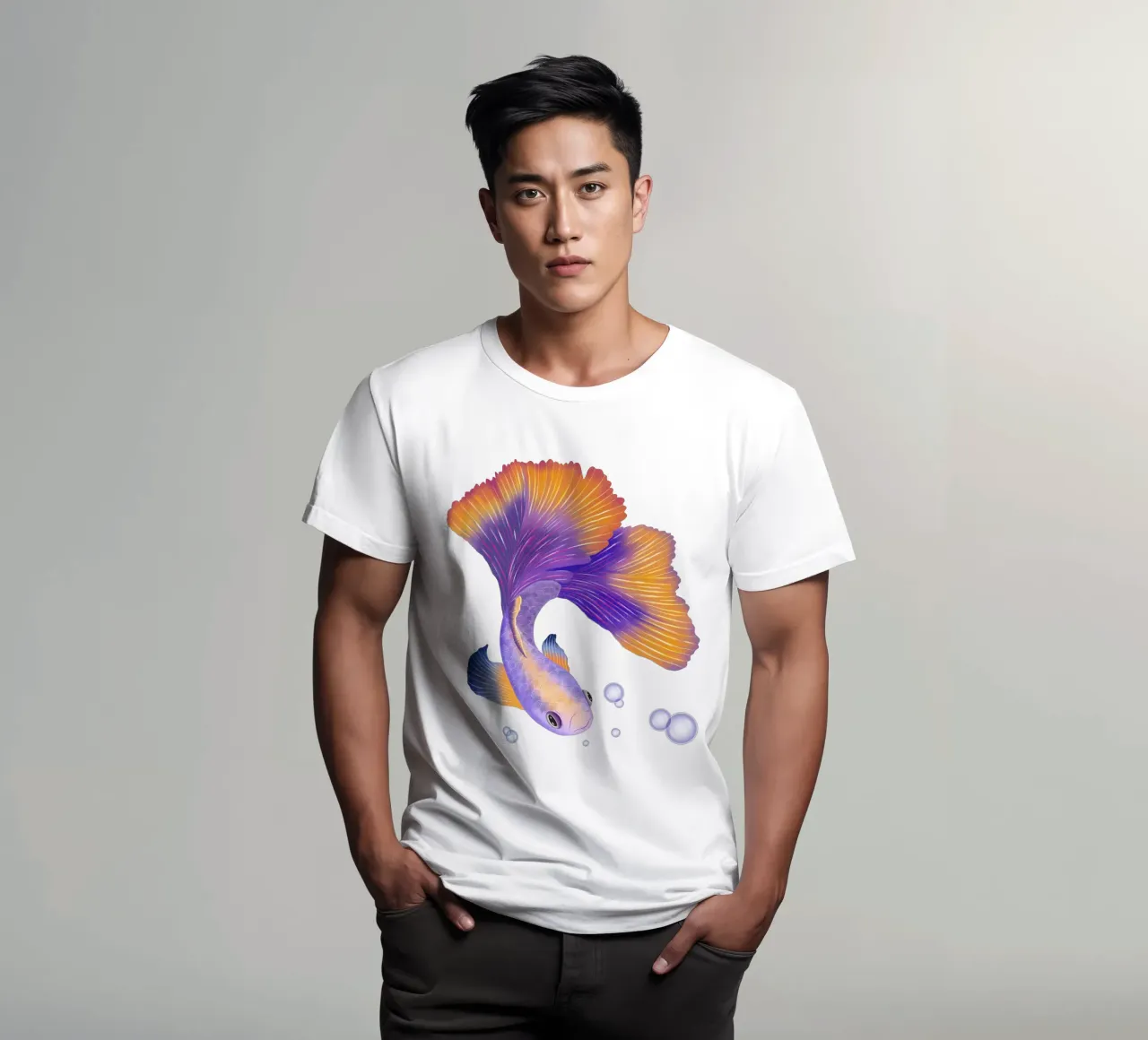 Pesce giapponese di colore viola e arancione. Pesce beta. t-shirt da CalliLetters