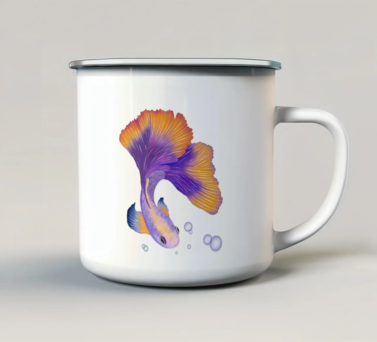 Pesce giapponese di colore viola e arancione. Pesce beta. tazza in smalto da CalliLetters