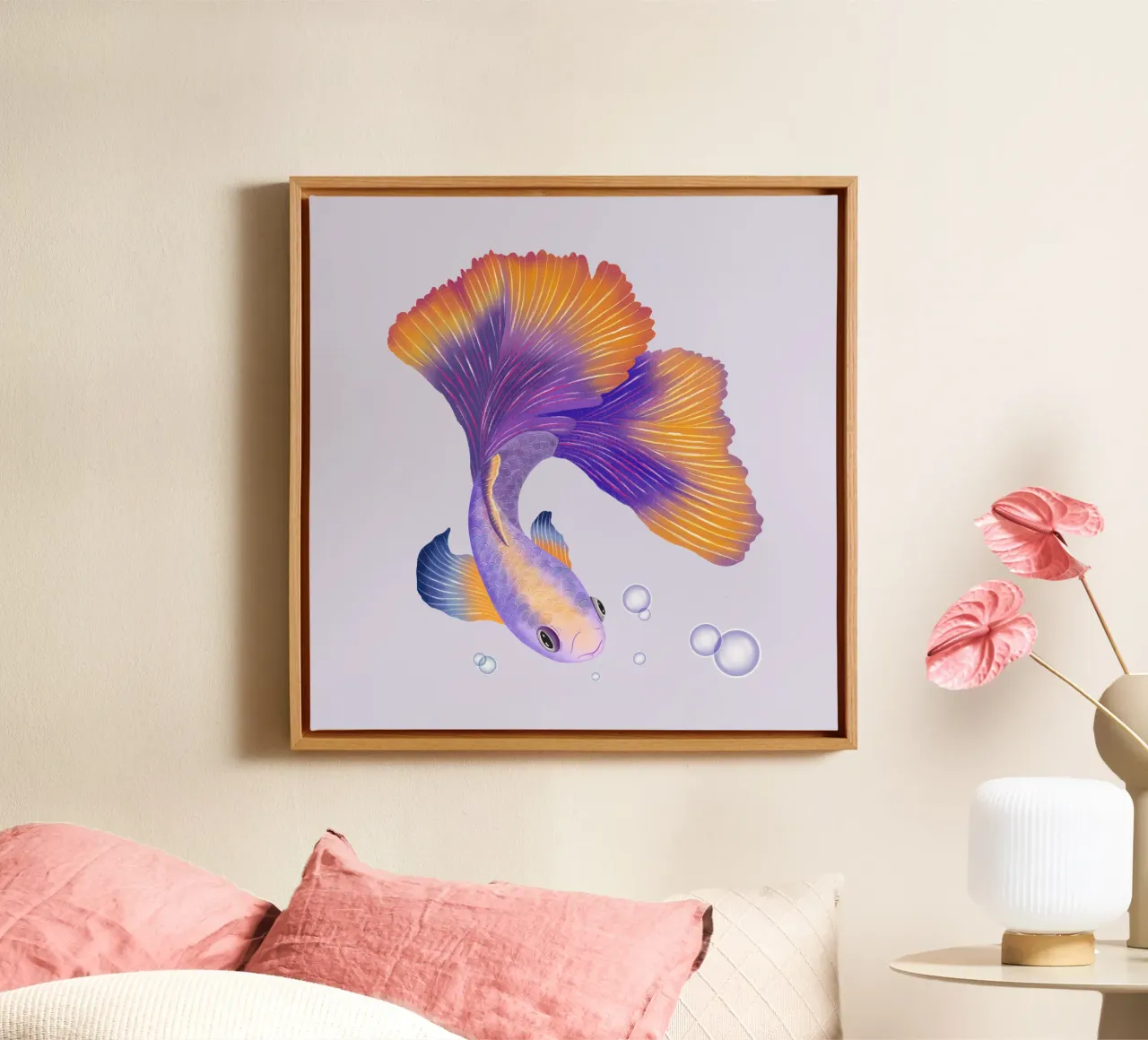 Pesce giapponese di colore viola e arancione. Pesce beta. tela con Cornice a cassetta da CalliLetters