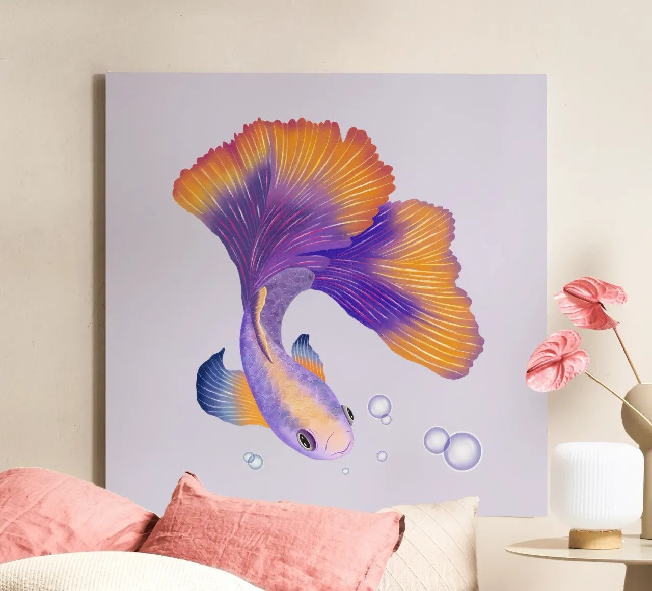 Pesce giapponese di colore viola e arancione. Pesce beta. tela con Cornice a cassetta da CalliLetters