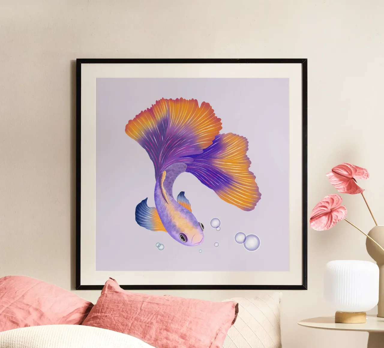 Pesce giapponese di colore viola e arancione. Pesce beta. carta hahnemühle da CalliLetters