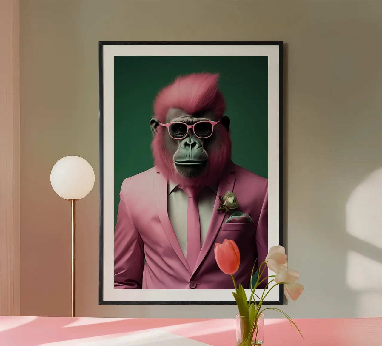 Der Affe im rosa Anzug Poster von Imagine