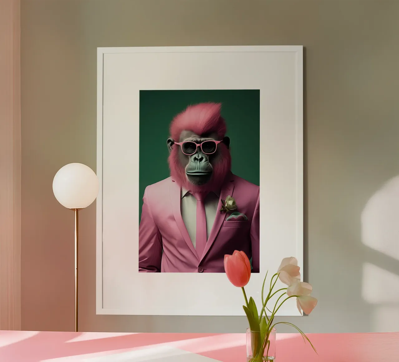 Der Affe im rosa Anzug Poster von Imagine