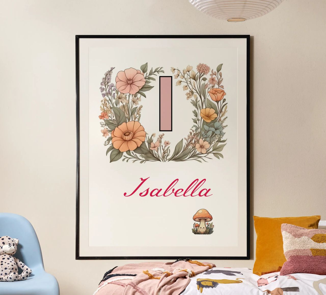 Personalized Floral initial Letter I Girl Name Wildflowers poster with wooden frame by Cold Wild