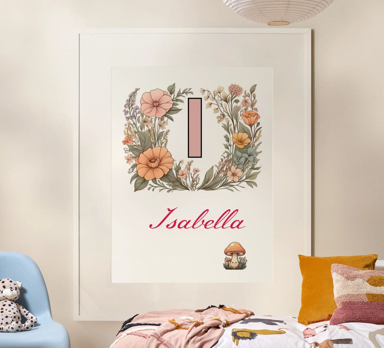 Personalized Floral initial Letter I Girl Name Wildflowers poster with wooden frame by Cold Wild