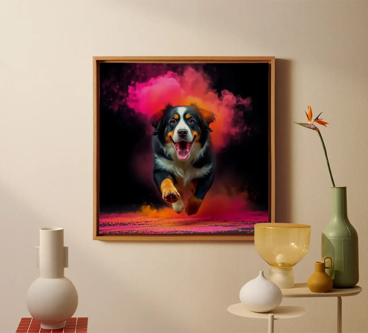 The colorful Bernese Mountain Dog #88 canvas with Floater frame by Yumis.Beargang.and.Me