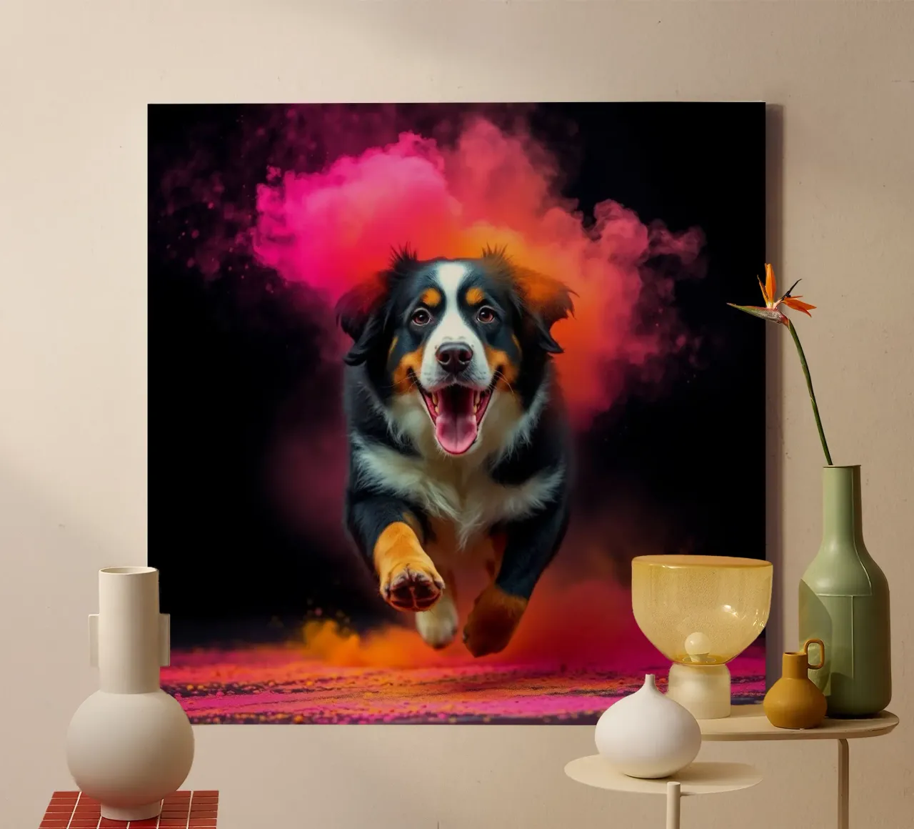 The colorful Bernese Mountain Dog #88 canvas with Floater frame by Yumis.Beargang.and.Me