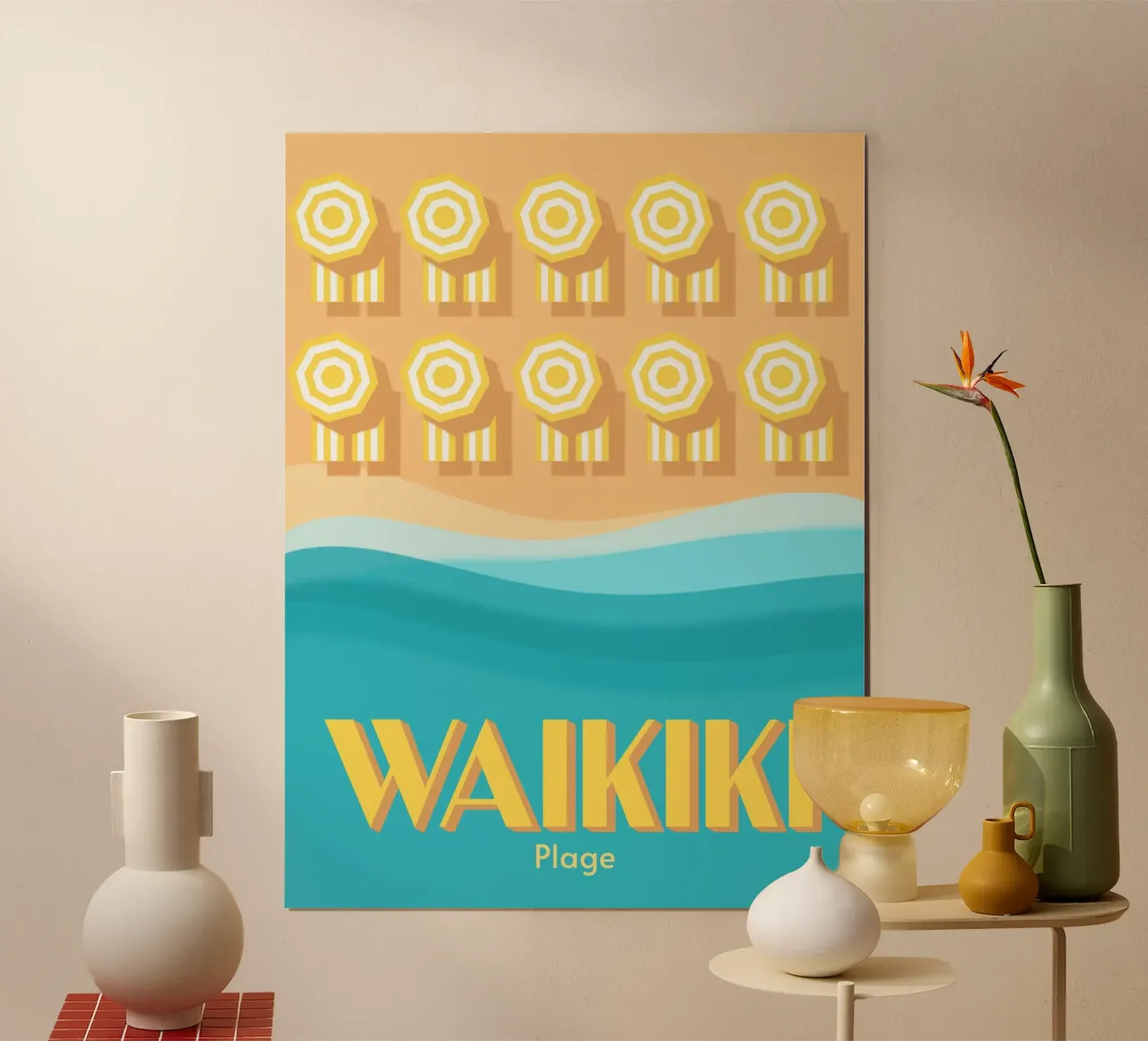 Waikiki Beach Summer Vibes Poster | Retro Coastal Art poster con telaio in legno da Une Affaire de Filles