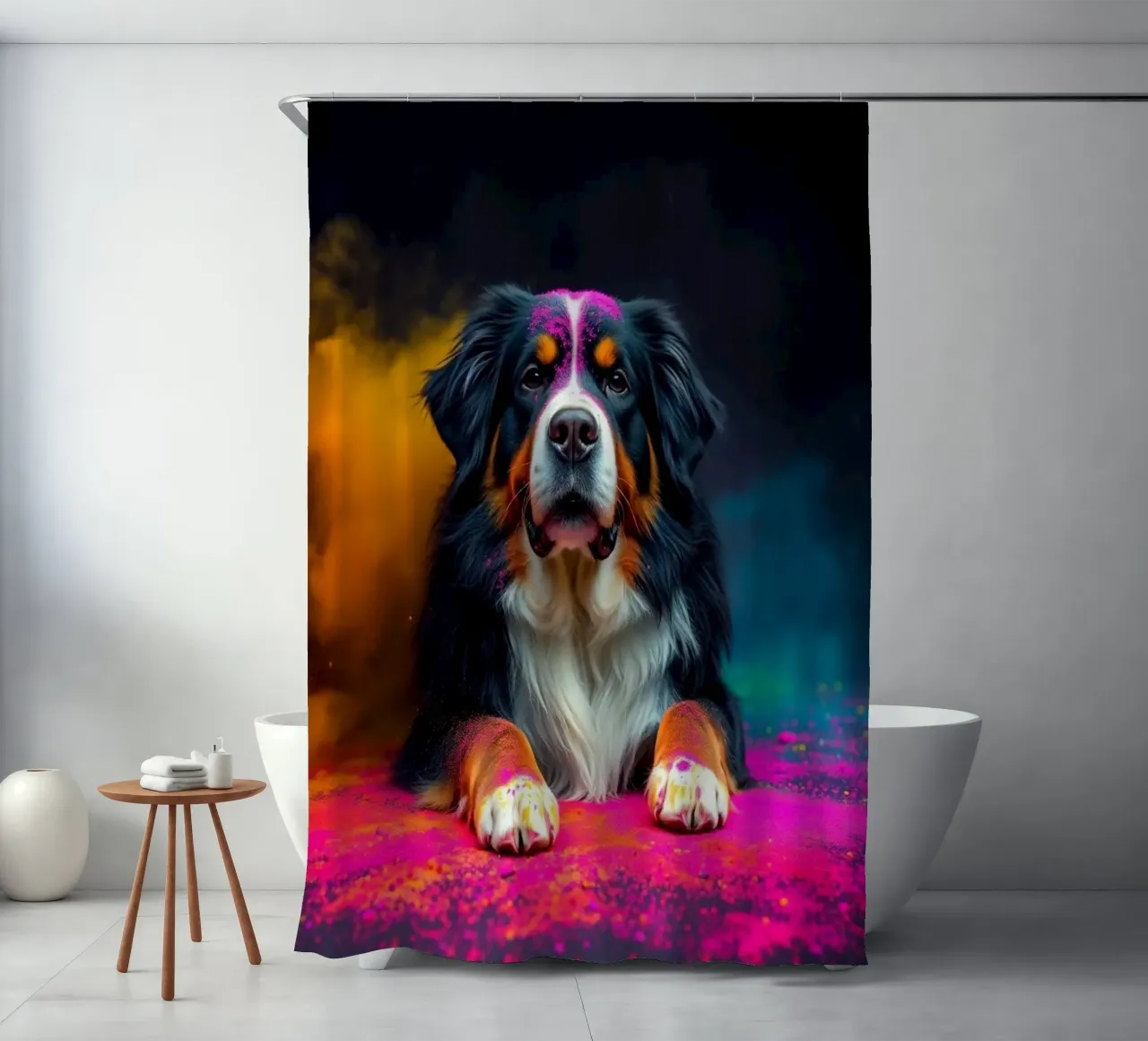 The colorful Bernese Mountain Dog #98 shower curtain by Yumis.Beargang.and.Me