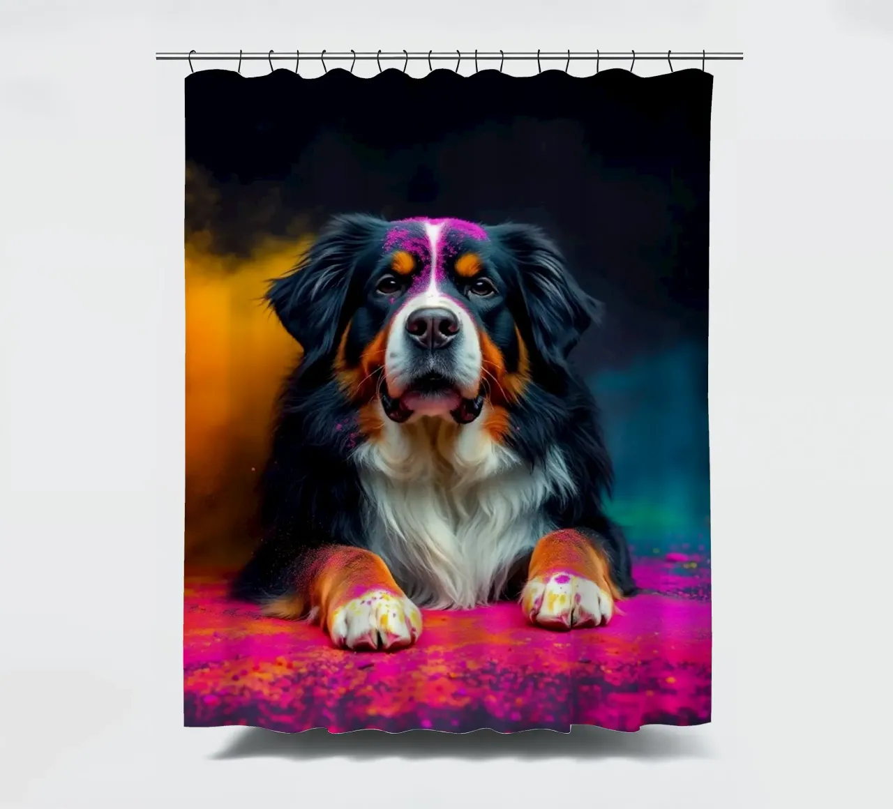 The colorful Bernese Mountain Dog #98 shower curtain by Yumis.Beargang.and.Me