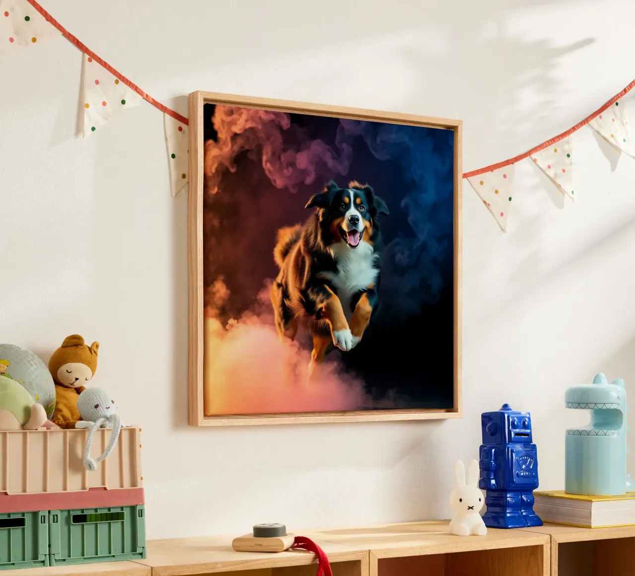 The colorful Bernese Mountain Dog #104 canvas with Floater frame by Yumis.Beargang.and.Me