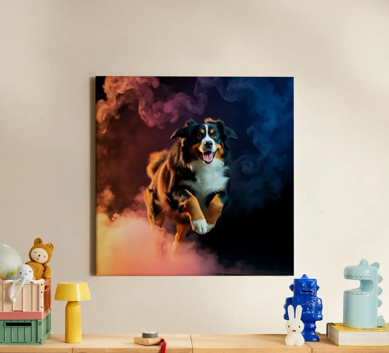 The colorful Bernese Mountain Dog #104 canvas with Floater frame by Yumis.Beargang.and.Me