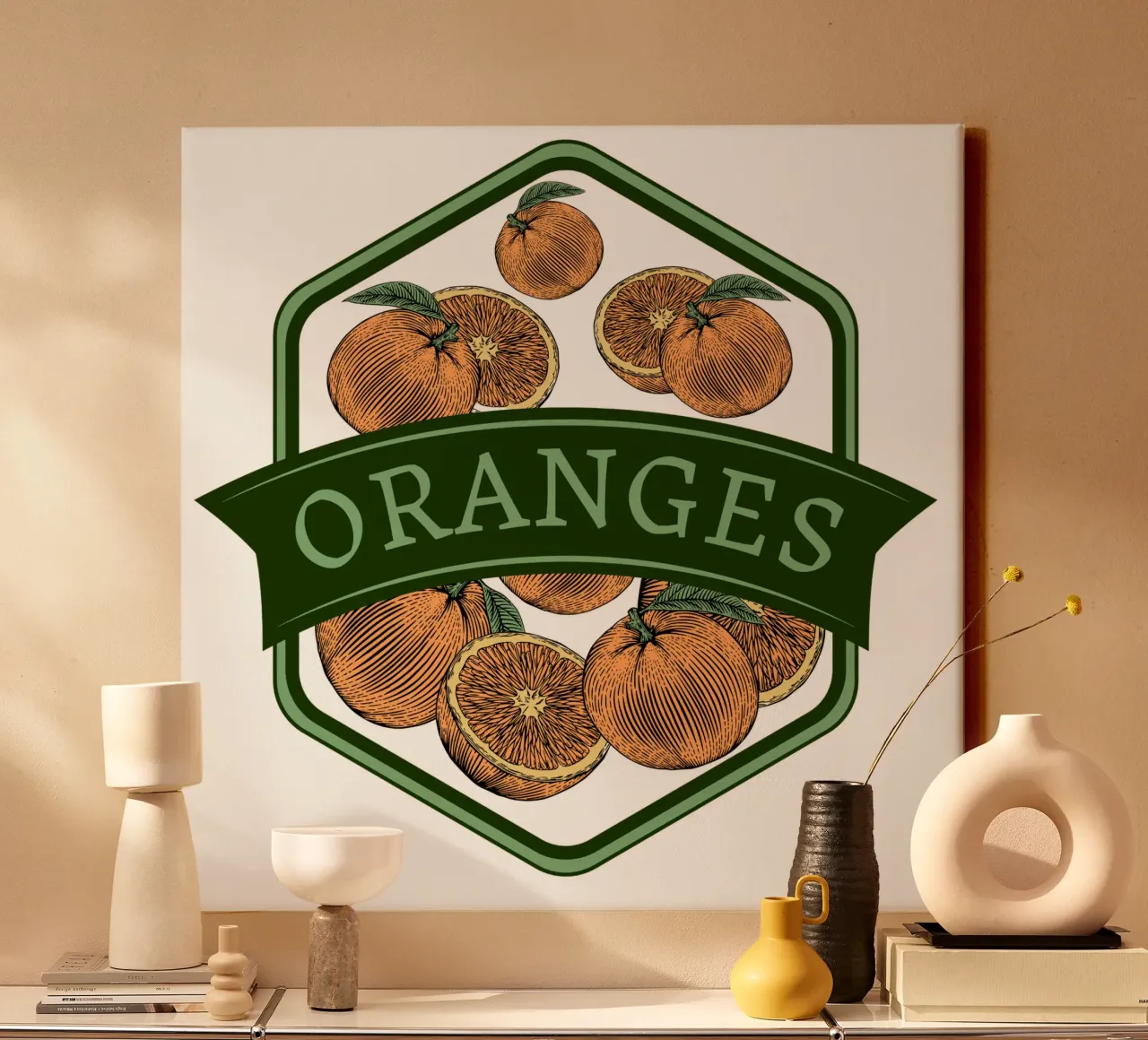 Oranges Vintage Badge | Citrus Fruit Art Print tela con Cornice a cassetta da Une Affaire de Filles