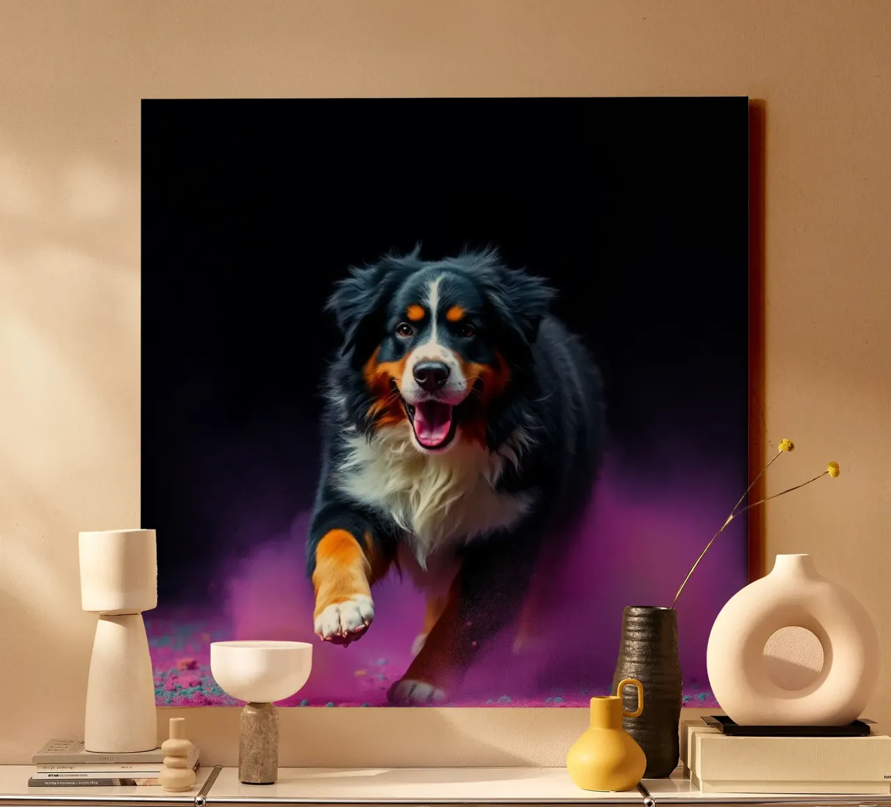 The colorful Bernese Mountain Dog #106 canvas with Floater frame by Yumis.Beargang.and.Me