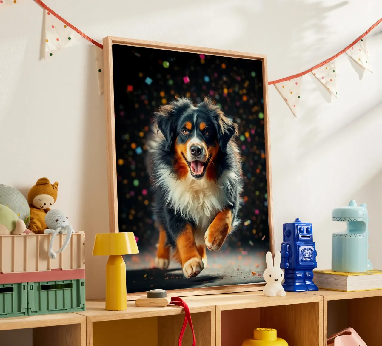 The colorful Bernese Mountain Dog #107 canvas with Floater frame by Yumis.Beargang.and.Me