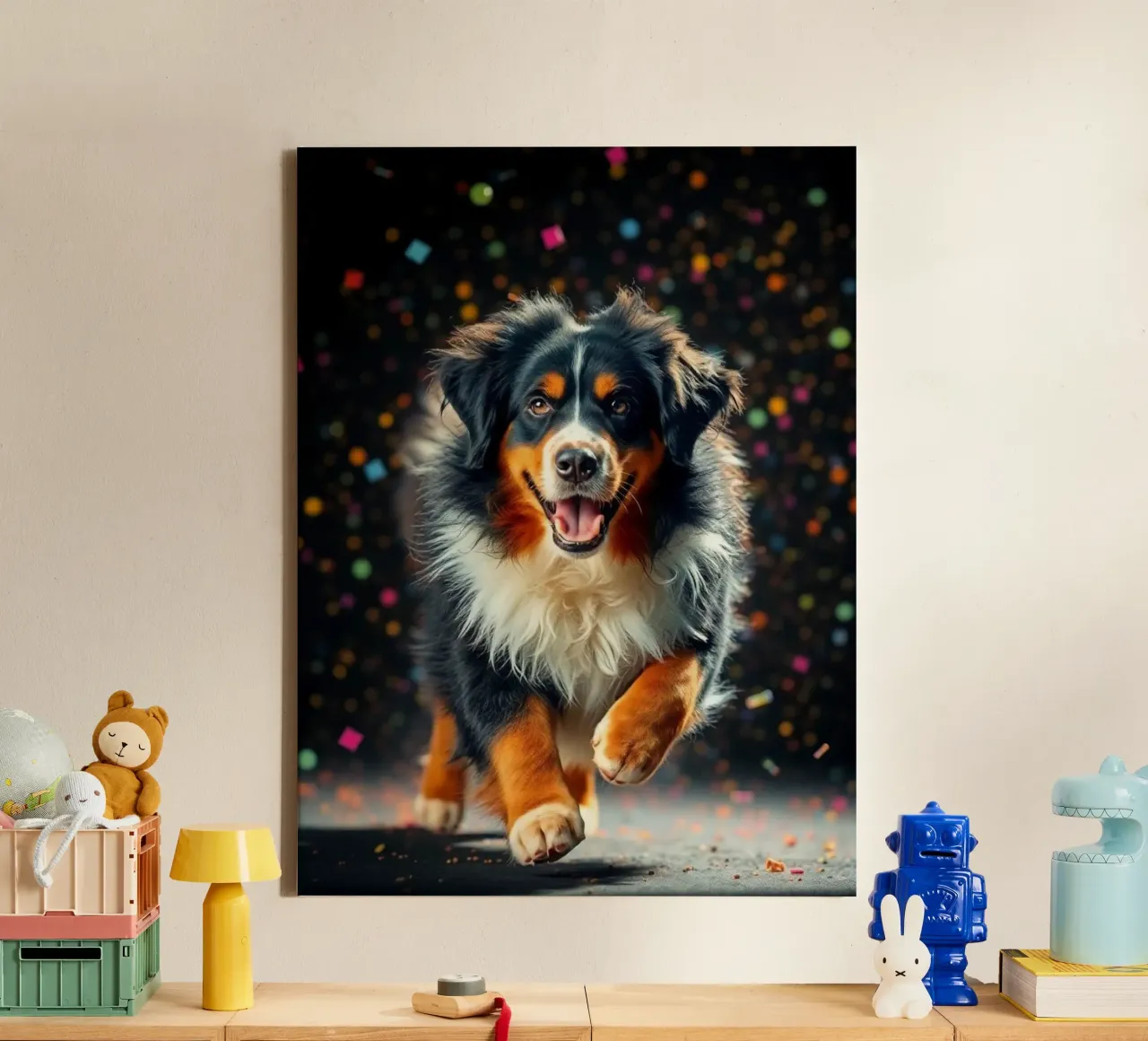 The colorful Bernese Mountain Dog #107 canvas with Floater frame by Yumis.Beargang.and.Me