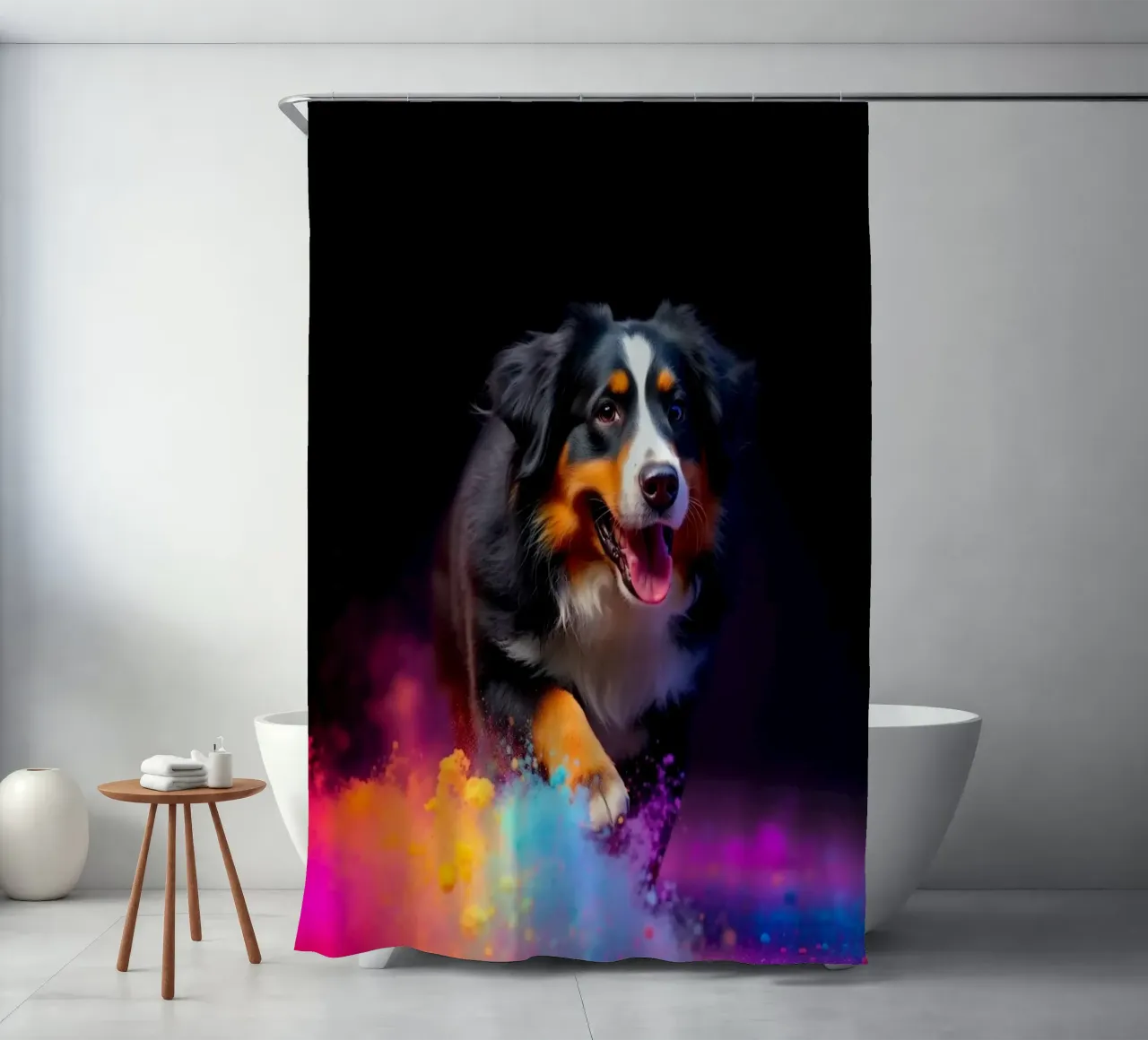 The colorful Bernese Mountain Dog #108 shower curtain by Yumis.Beargang.and.Me