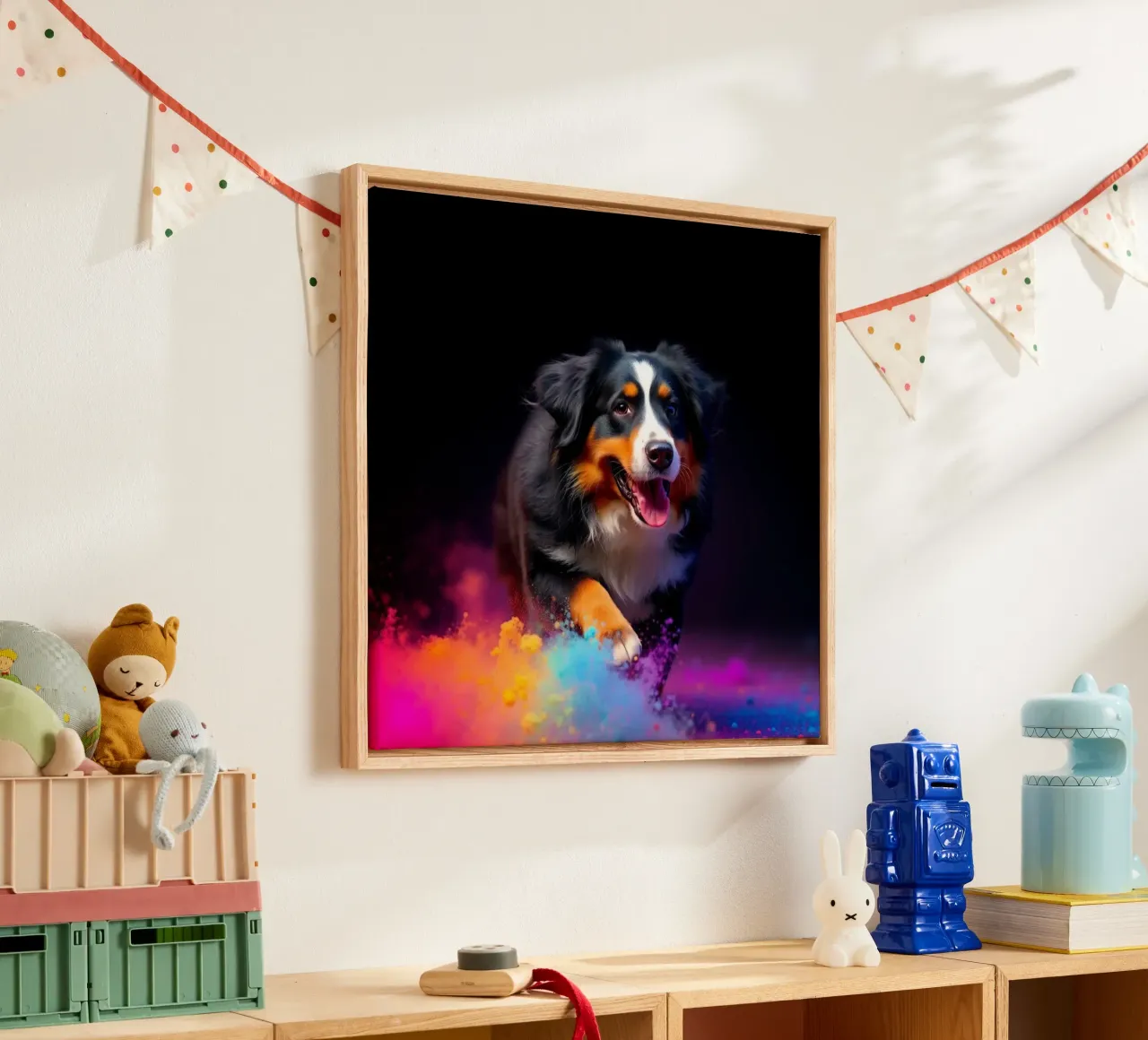 The colorful Bernese Mountain Dog #108 canvas with Floater frame by Yumis.Beargang.and.Me